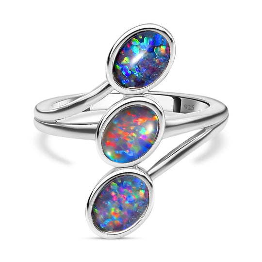 Boulder Opal Triplette Ring, 925 Silber platiniert (Größe 17.00) ca. 1.77 ct