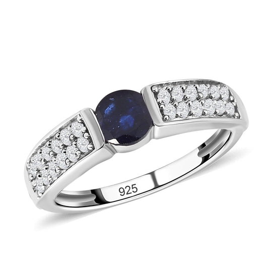 Masoala Saphir (Fissure gefüllt) und weißer Zirkon-Ring, 925 Silber platiniert ca. 1,24 ct