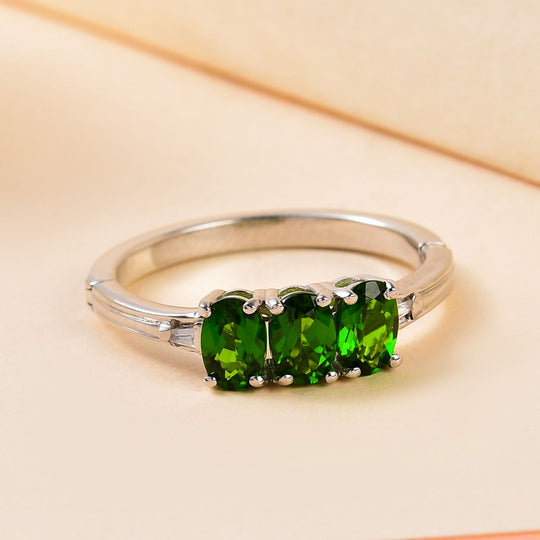Natürlicher Chromdiopsid und weißer Zirkon-Ring mit Öffnungsmechanismus, 925 Silber platiniert ca. 1.58 ct