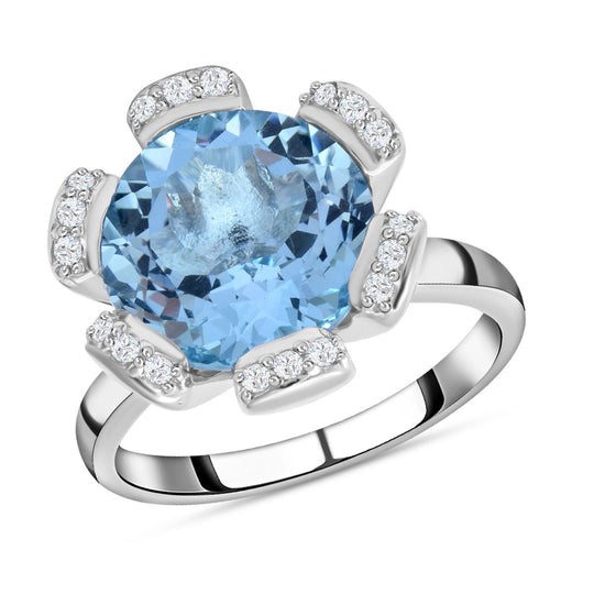 Himmelblauer Topas und weißer Zirkon-Ring, 925 Silber platiniert ca. 7.86 ct