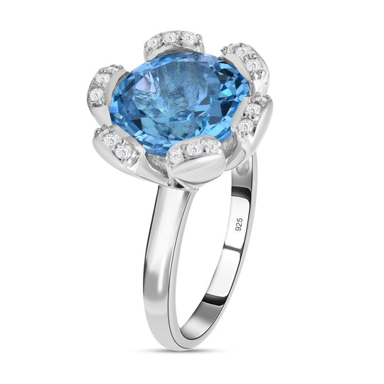 Himmelblauer Topas und weißer Zirkon-Ring, 925 Silber platiniert ca. 7.86 ct