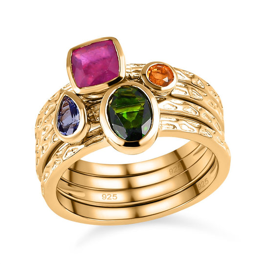 Afrikanischer Rubin und natürlicher Chromdiopsid Ring, 925 Silber Gelbgold Vermeil ca. 2.10 ct