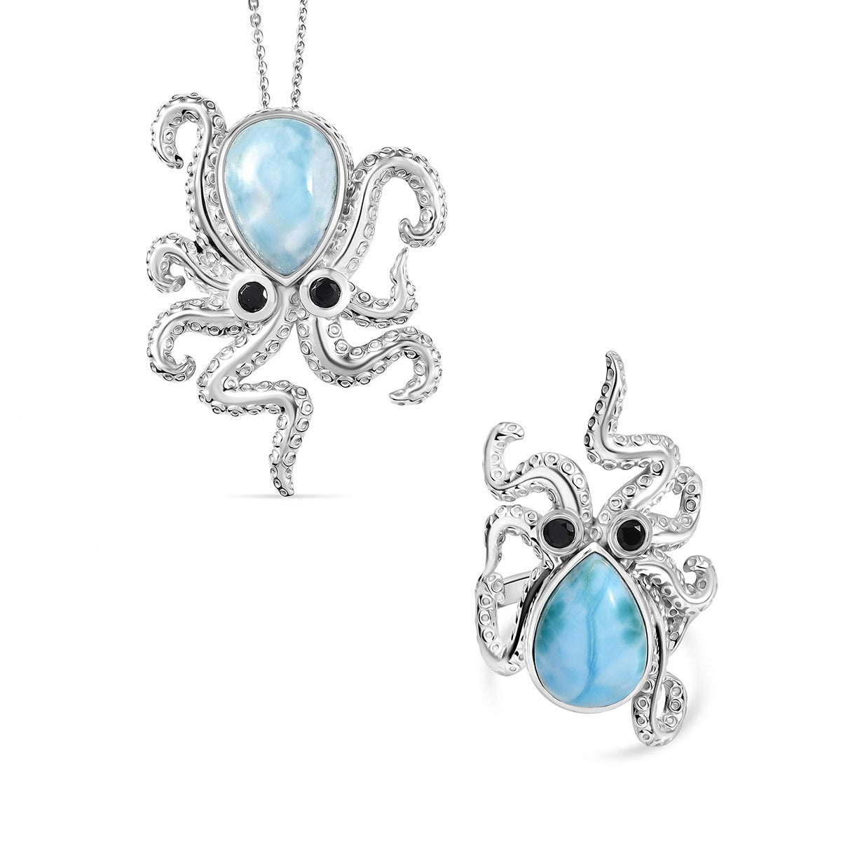 GP Trionfo Kollektion - Larimar, schwarzer Spinell und blauer Saphir Ring und Anhänger mit 45cm Kette