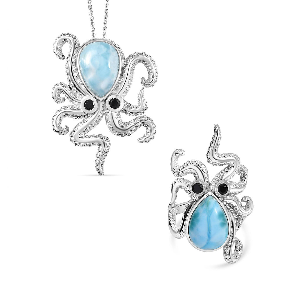 GP Trionfo Kollektion - Larimar, schwarzer Spinell und blauer Saphir Ring und Anhänger mit 45cm Kette