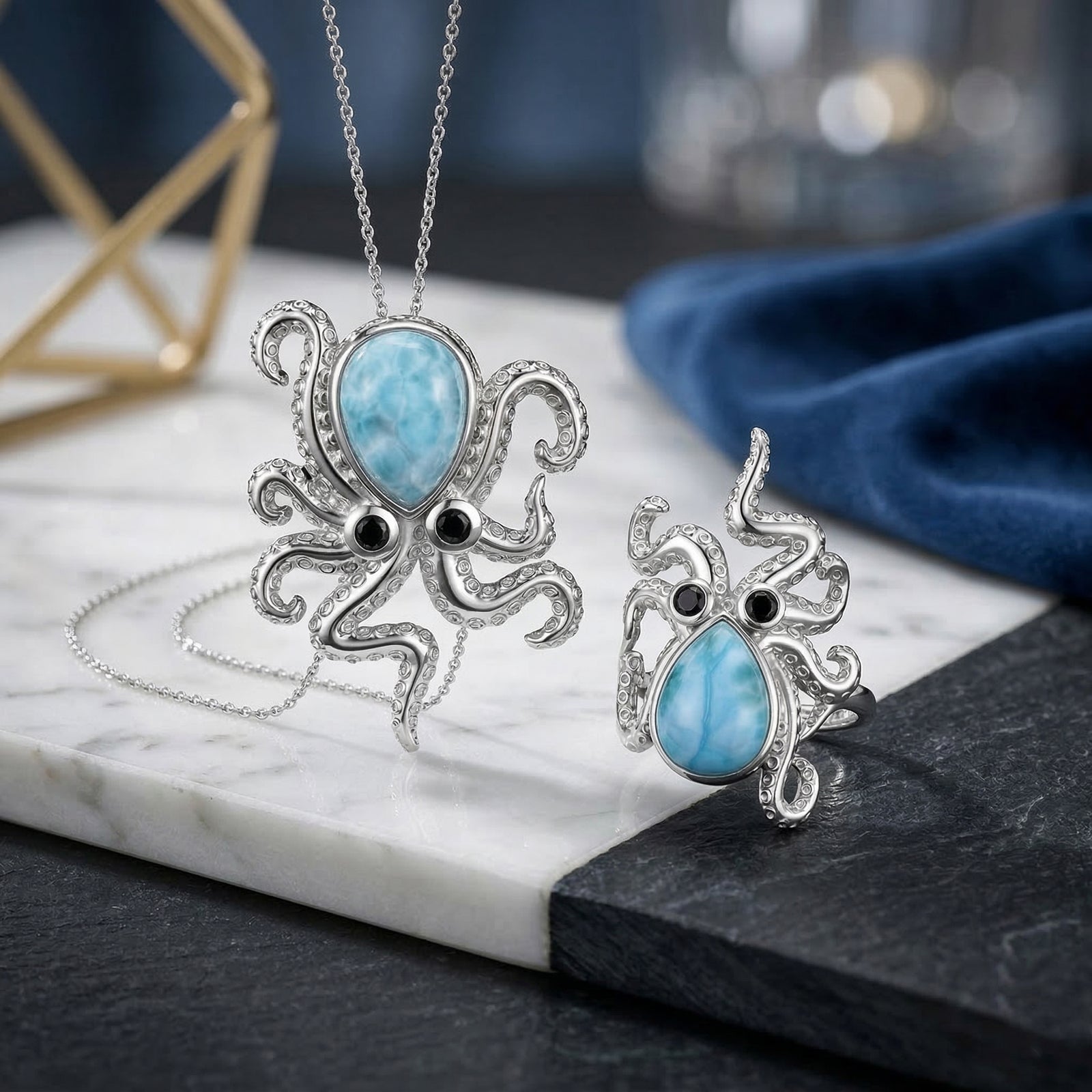 GP Trionfo Kollektion - Larimar, schwarzer Spinell und blauer Saphir Ring und Anhänger mit 45cm Kette