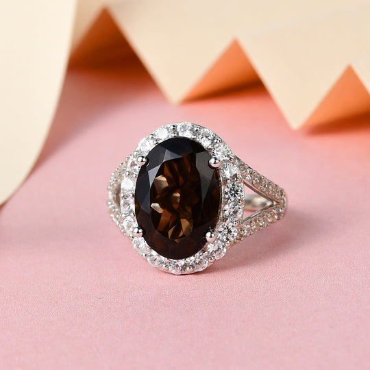 Rauchquarz und weißer Zirkon Ring, 925 Silber platiniert ca. 7.08 ct
