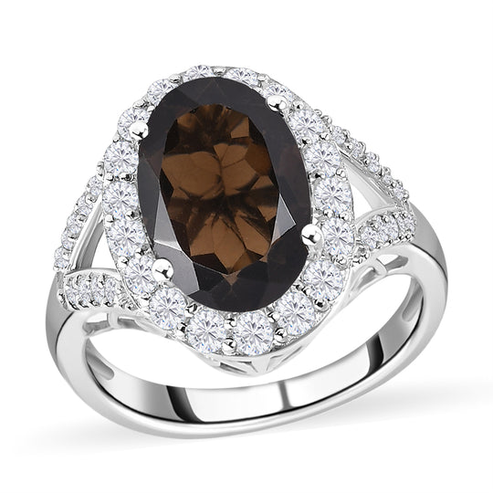 Rauchquarz und weißer Zirkon Ring, 925 Silber platiniert ca. 7.08 ct