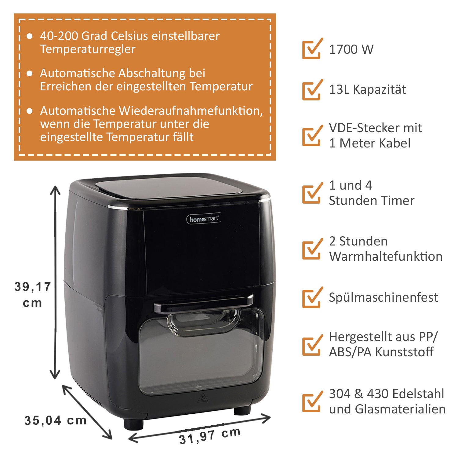 HOMESMART - 10-in-1 Heißluftfritteuse, 13 L Kapazität, 1700 W