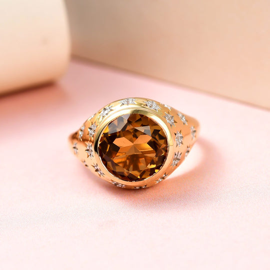 Champagner Quarz und weißer Zirkon Ring, 925 Silber vergoldet (Größe 17.00) ca. 4,15 ct