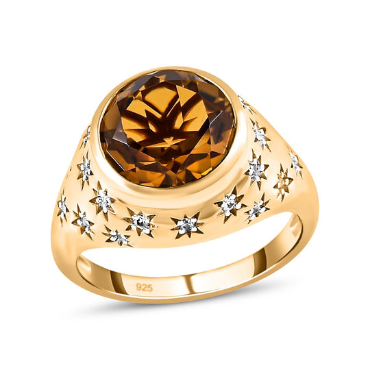 Champagner Quarz und weißer Zirkon Ring, 925 Silber vergoldet (Größe 17.00) ca. 4,15 ct