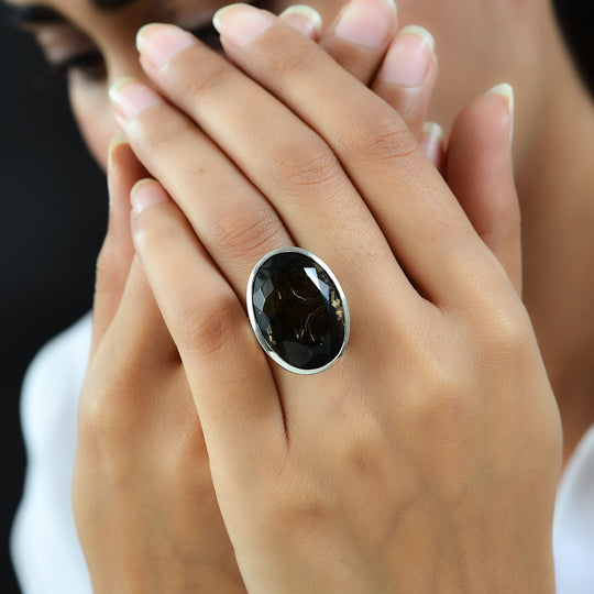 Rauchquarz Ring, 925 Silber platiniert ca. 28.78 ct