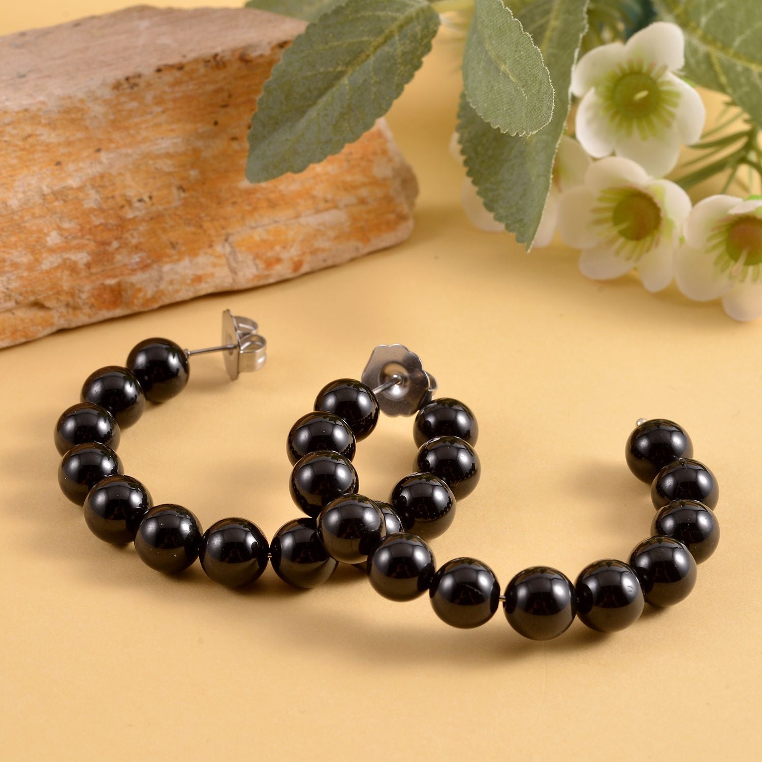 Schwarze Spinell Creolen, 316L Edelstahl ca. 95.00 ct