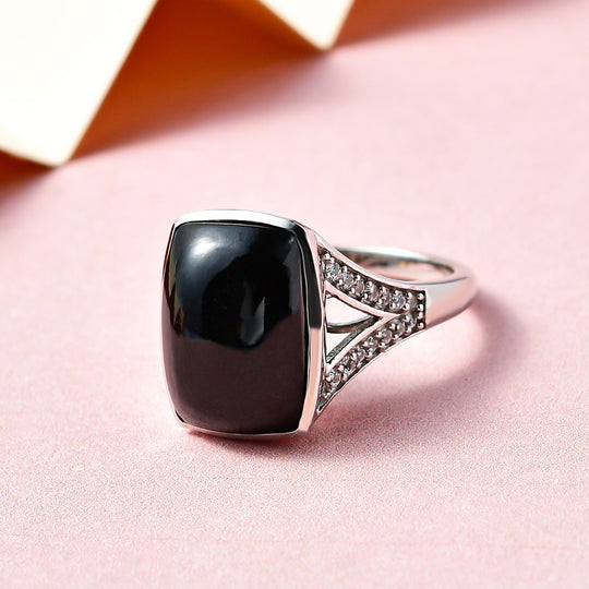 Schwarzer Turmalin und weißer Zirkon Ring, 925 Silber platiniert ca. 7.28 ct