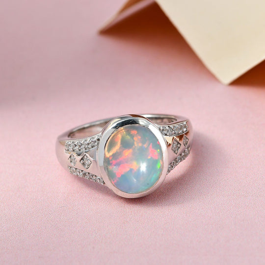 Natürlicher, äthiopischer Welo Opal und weißer Zirkon Ring, 925 Silber platiniert (Größe 17.00) ca. 2,27 ct