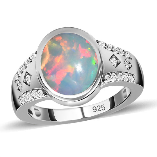 Natürlicher, äthiopischer Welo Opal und weißer Zirkon Ring, 925 Silber platiniert (Größe 17.00) ca. 2,27 ct