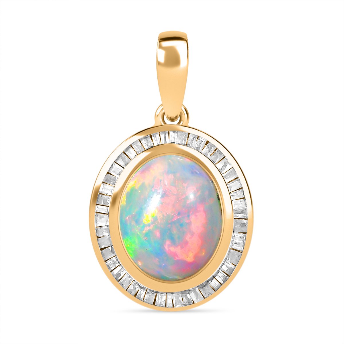Natürlicher, äthiopischer Welo Opal, weißer Diamant Anhänger 925 Silber Gelbgold Vermeil ca. 2.65 ct