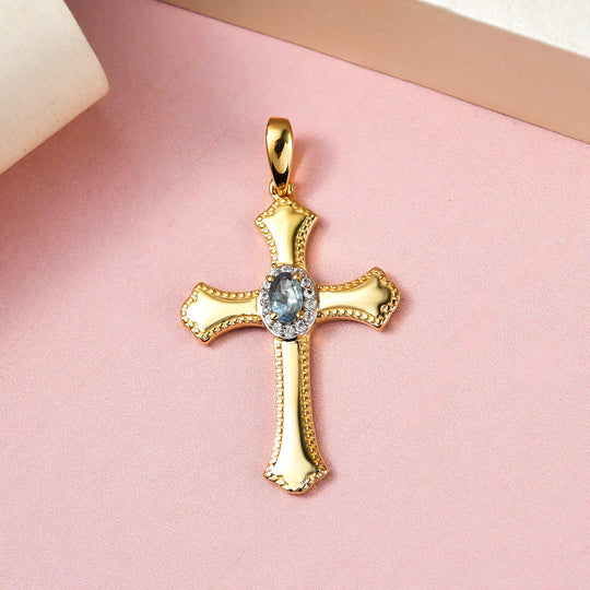Alexandrit und weißer Zirkon Kreuz-Anhänger, 925 Silber Gelbgold Vermeil, ca. 0.36 ct