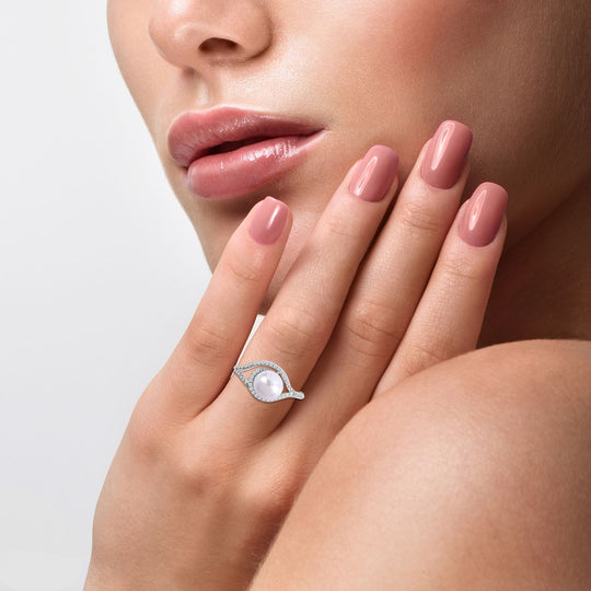 Süßwasserzuchtperle und weißer Zirkonia Ring, 925 Silber platiniert ca. 0.23 ct
