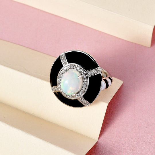 GP Kollektion - Natürlicher, äthiopischer Welo Opal und weißer Zirkon Ring, 925 Silber platiniert ca. 2.21 ct
