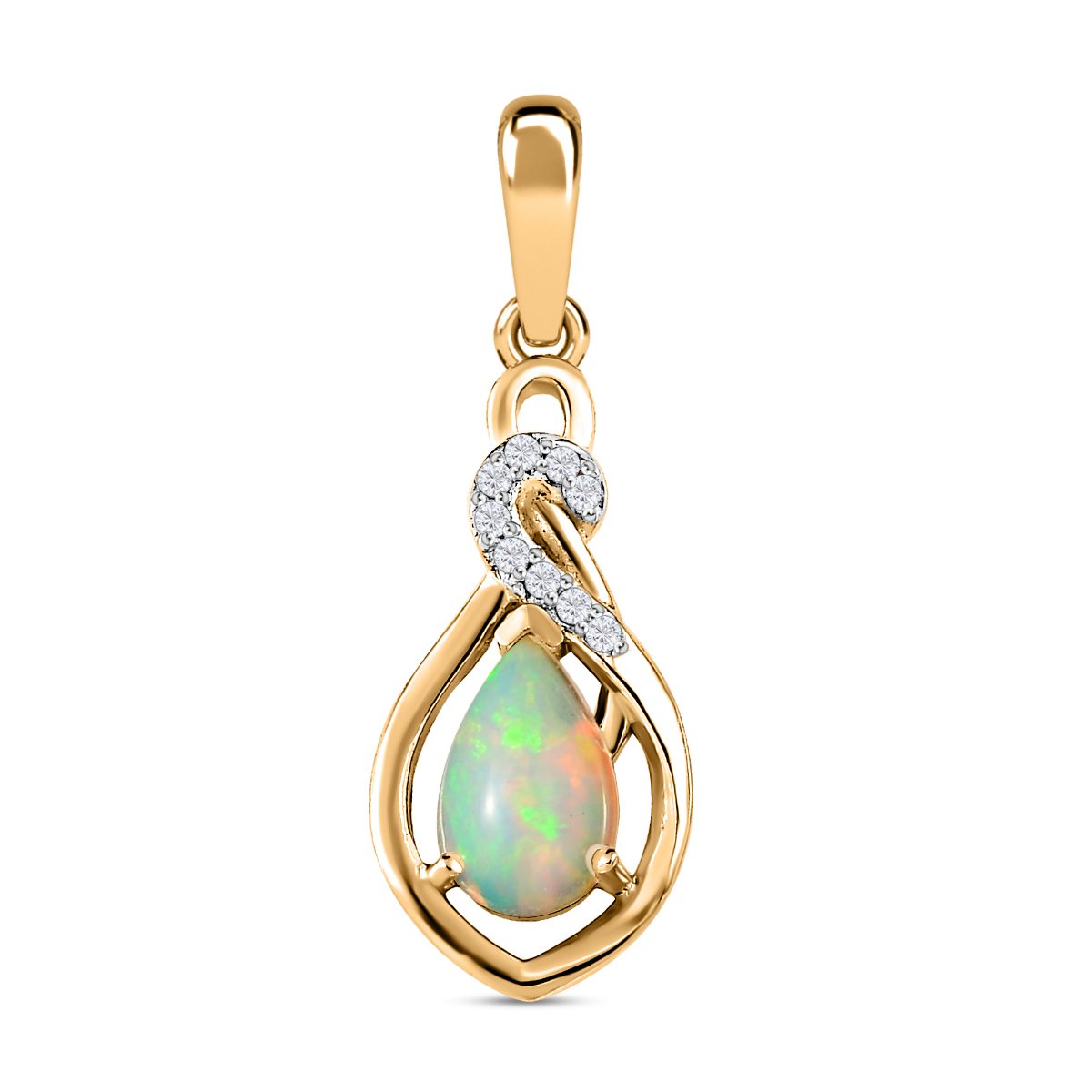 Natürlicher, äthiopischer Welo Opal, weißer Zirkon Anhänger, 925 Silber vergoldet ca. 0.84 ct