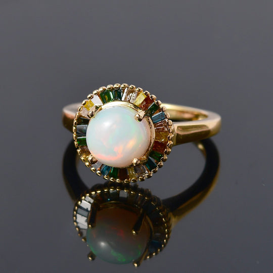 Natürlicher, äthiopischer Welo Opal, mehrfarbiger Diamant Ring, 925 Silber Gelbgold Vermeil (Größe 21.00) ca. 1.82 ct