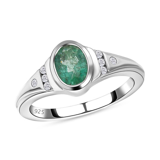 Kagem Sambischer Smaragd, Weißer Zirkon Ring 925 Silber platiniert ca. 0.82 ct