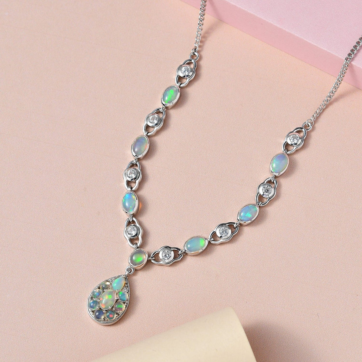 Natürlicher, äthiopischer Welo Opal Halskette ca. 45 cm 925 Silber platiniert ca. 4.35 ct