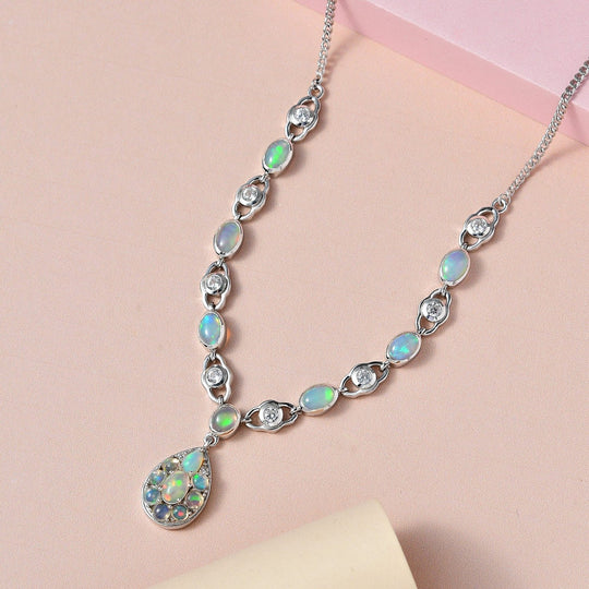 Natürlicher, äthiopischer Welo Opal Halskette ca. 45 cm 925 Silber platiniert ca. 4.35 ct