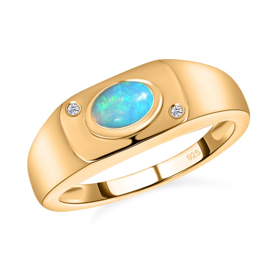 Natürlicher, äthiopischer Welo Opal, weißer Zirkon Ring, 925 Silber vergoldet ca. 0.54 ct