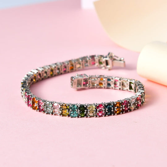 Natürliches mehrfarbiges-Turmalin Armband, ca. 19 cm, 925 Silber platiniert ca. 15.48 ct
