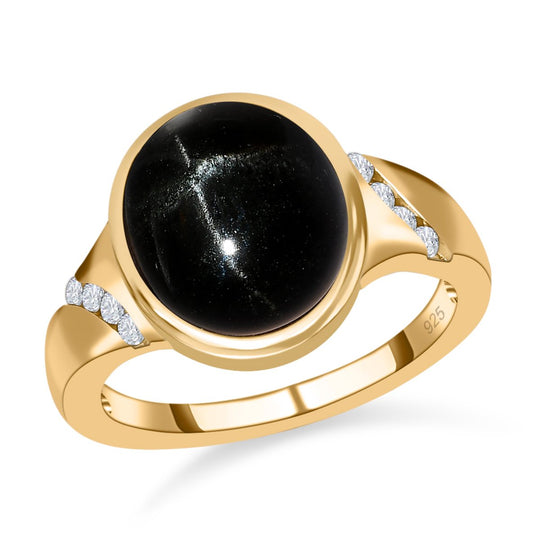 Schwarzer Stern Diopsid, weißer Zirkon Ring, 925 Silber vergoldet ca. 7,05 ct