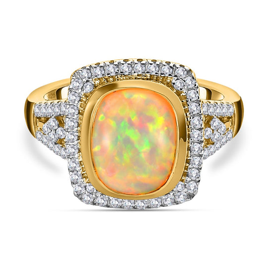 Natürlicher, äthiopischer Welo Opal, weißer Zirkon Ring, 925 Silber vergoldet (Größe 21.00), ca. 3.78 ct
