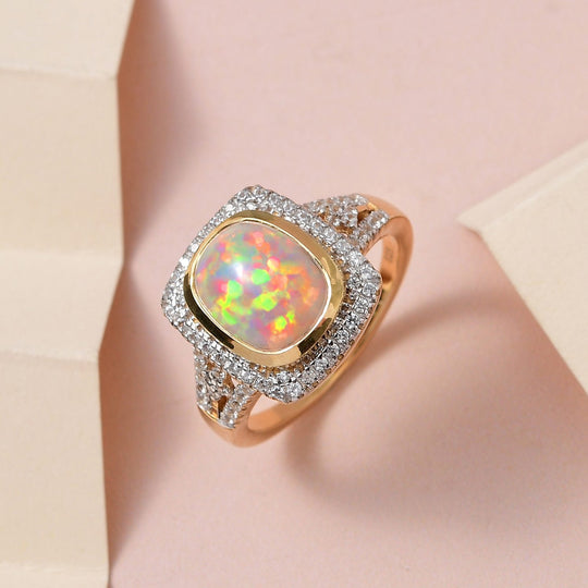 Natürlicher, äthiopischer Welo Opal, weißer Zirkon Ring, 925 Silber vergoldet (Größe 19.00), ca. 3.78 ct