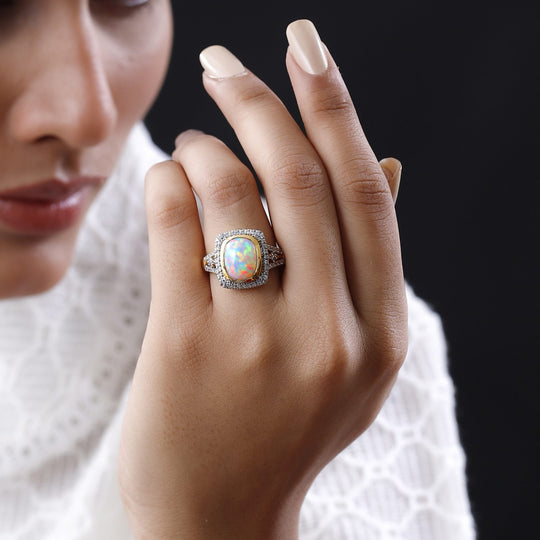 Natürlicher, äthiopischer Welo Opal, weißer Zirkon Ring, 925 Silber vergoldet (Größe 19.00), ca. 3.78 ct