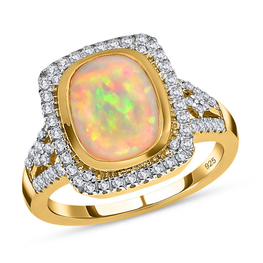 Natürlicher, äthiopischer Welo Opal, weißer Zirkon Ring, 925 Silber vergoldet (Größe 19.00), ca. 3.78 ct
