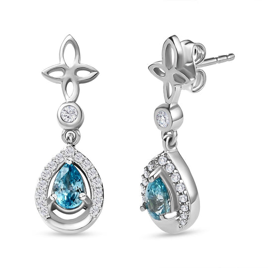 Kambodschanische, blaue und weiße Zirkon Ohrringe, 925 Silber platiniert ca. 1.58 ct