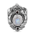 Royal Bali Kollektion - Regenbogen-Mondstein, roter Granat Ring, 925 Silber (Größe 16.00) ca. 7.12 ct