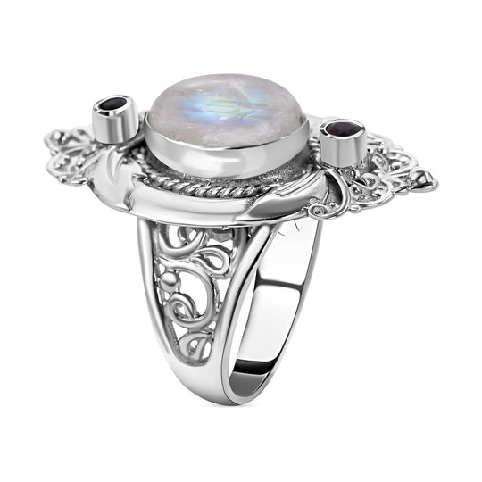 Royal Bali Kollektion - Regenbogen-Mondstein, roter Granat Ring, 925 Silber ca. 7.12 ct