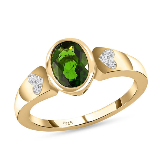 Natürlicher Chromdiopsid, weißer Zirkon Ring, 925 Silber vergoldet ca. 1.36 ct