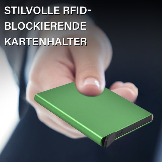 4er Set - Stilvollen RFID-blockierenden Kartenhaltern - Pop-Up Mechanismus, kompakt, Größe 9.5x9x6 cm