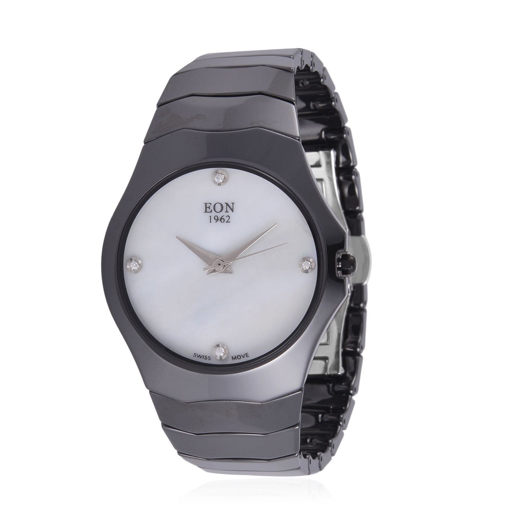 EON 1962 schweizer Uhrwerk - Moissanit-Uhr mit weißem Perlmutt Ziffernblatt, Keramik Armband, 42 mm