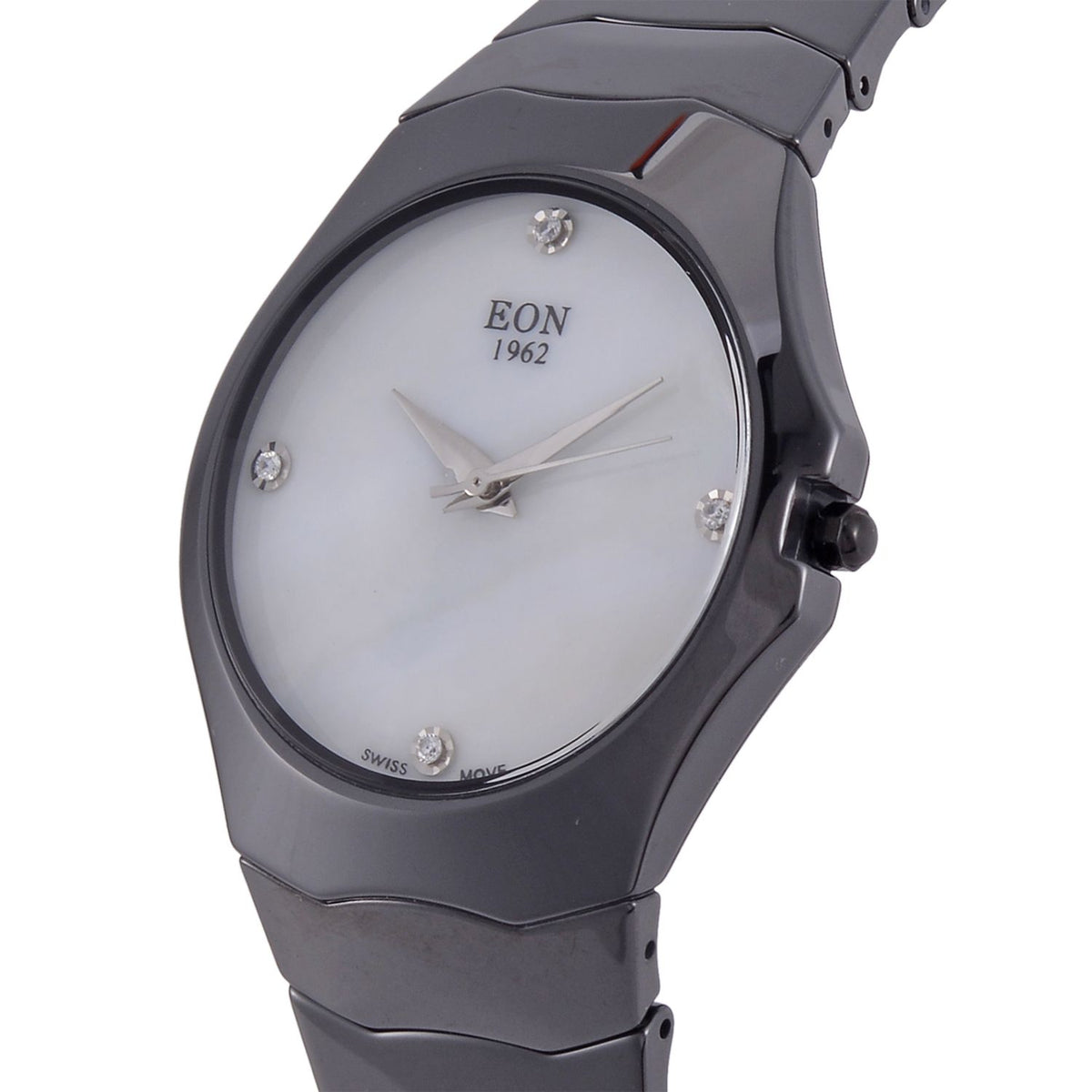 EON 1962 schweizer Uhrwerk - Moissanit-Uhr mit weißem Perlmutt Ziffernblatt, Keramik Armband, 42 mm