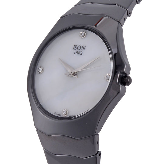 EON 1962 schweizer Uhrwerk - Moissanit-Uhr mit weißem Perlmutt Ziffernblatt, Keramik Armband, 42 mm
