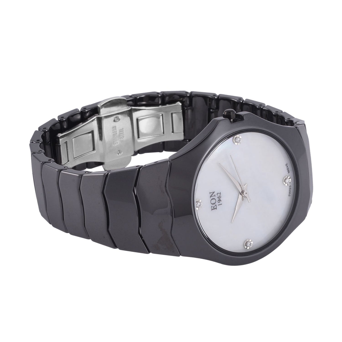 EON 1962 schweizer Uhrwerk - Moissanit-Uhr mit weißem Perlmutt Ziffernblatt, Keramik Armband, 42 mm