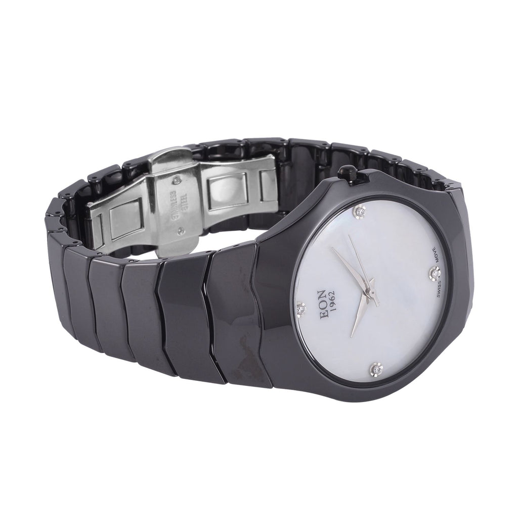 EON 1962 schweizer Uhrwerk - Moissanit-Uhr mit weißem Perlmutt Ziffernblatt, Keramik Armband, 42 mm