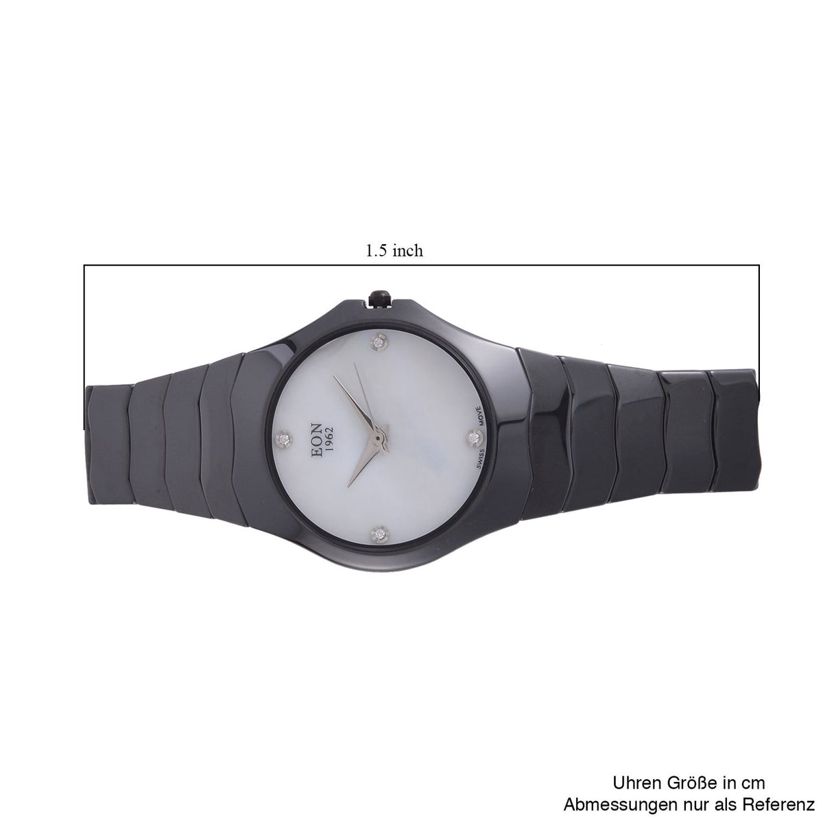 EON 1962 schweizer Uhrwerk - Moissanit-Uhr mit weißem Perlmutt Ziffernblatt, Keramik Armband, 42 mm