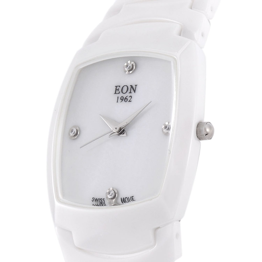 EON 1962 Moissanit Uhr mit schweizer Uhrwerk, Keramikarmband und Perlmutt Ziffernblatt, 19 cm