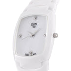 EON 1962 Moissanit Uhr mit schweizer Uhrwerk, Keramikarmband und Perlmutt Ziffernblatt, 19 cm
