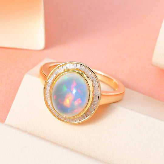 Natürlicher, äthiopischer Welo Opal, weißer Diamant Ring, 925 Silber Gelbgold Vermeil, , ca. 2.68 ct