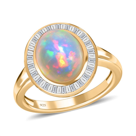 Natürlicher, äthiopischer Welo Opal, weißer Diamant Ring, 925 Silber Gelbgold Vermeil, , ca. 2.68 ct